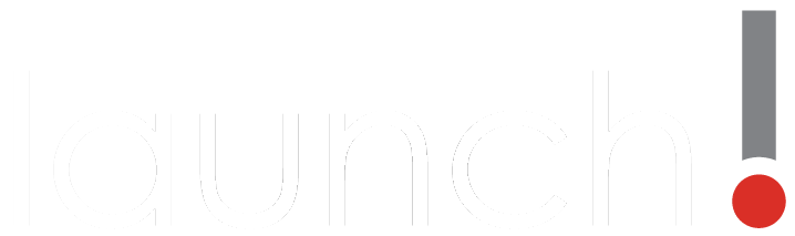 The Launch Group company logo with white lettering and full color exclamation mark